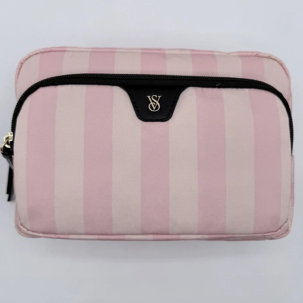 Victoria's Secret Pink Stripe Cosmetic Makeup Travel Organizer Dual Zip Bag NWT